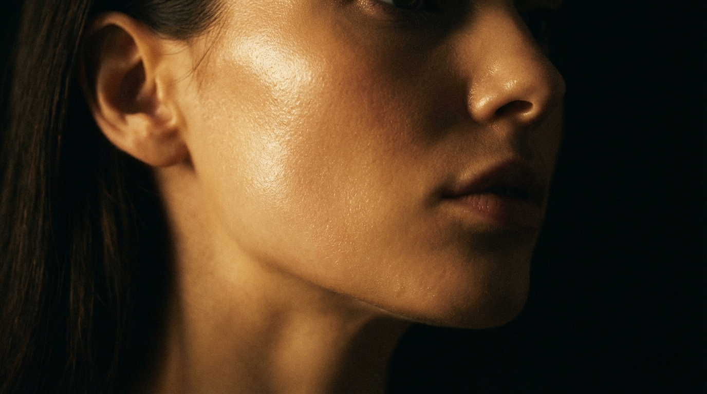 Close-up of glowing skin with warm golden lighting